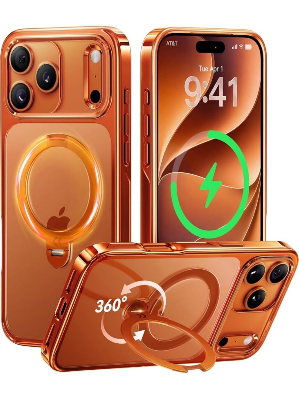 Glossy Orange 360° Spin Magnetic Stand Case for iPhone 17 Pro Max - Stylish